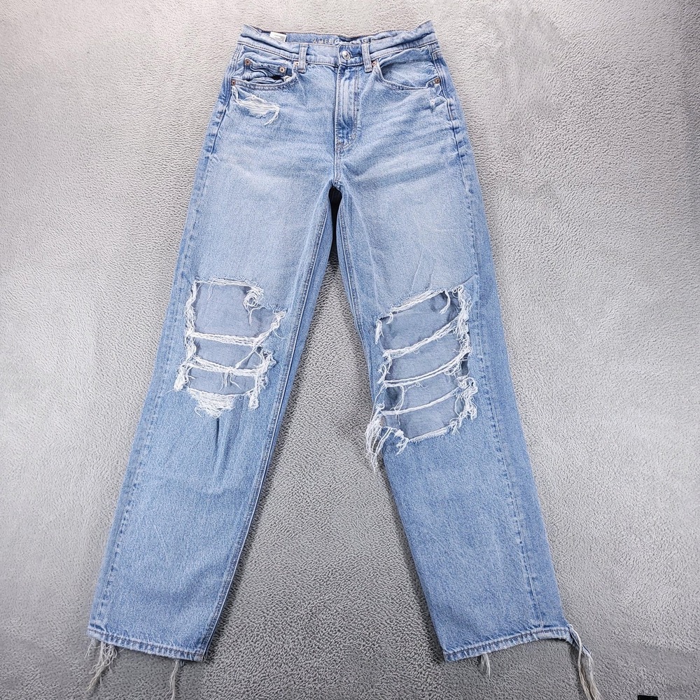 American Eagle Jeans Womens 4 Blue Highest Rise Baggy Straight Distressed Ripped
